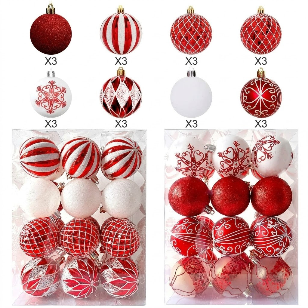 24Pc 6cm Red and White Christmas Tree Decor Balls Set