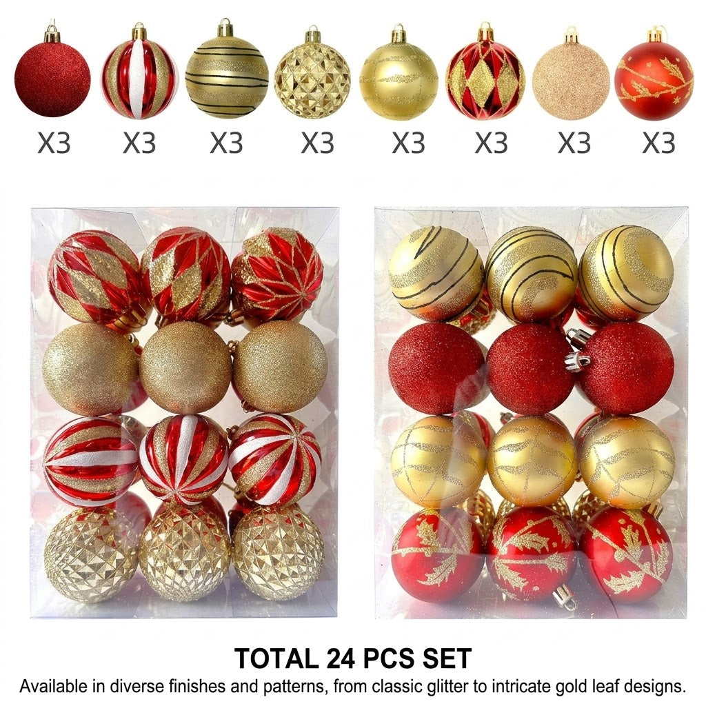 24Pc 6cm Gold and Red Christmas Tree Decor Balls Set