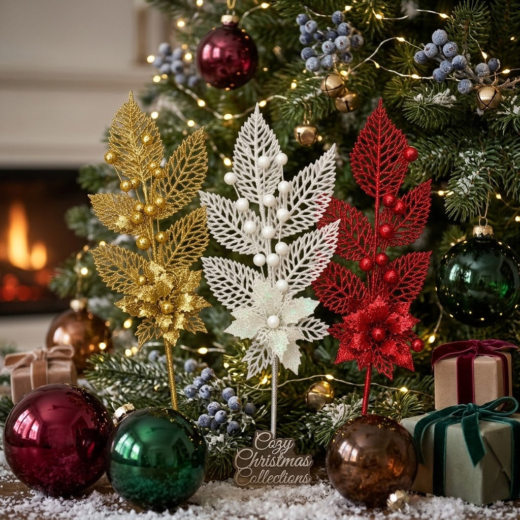 4Pc 25cm Glitter Christmas Tree Decor Floral Picks