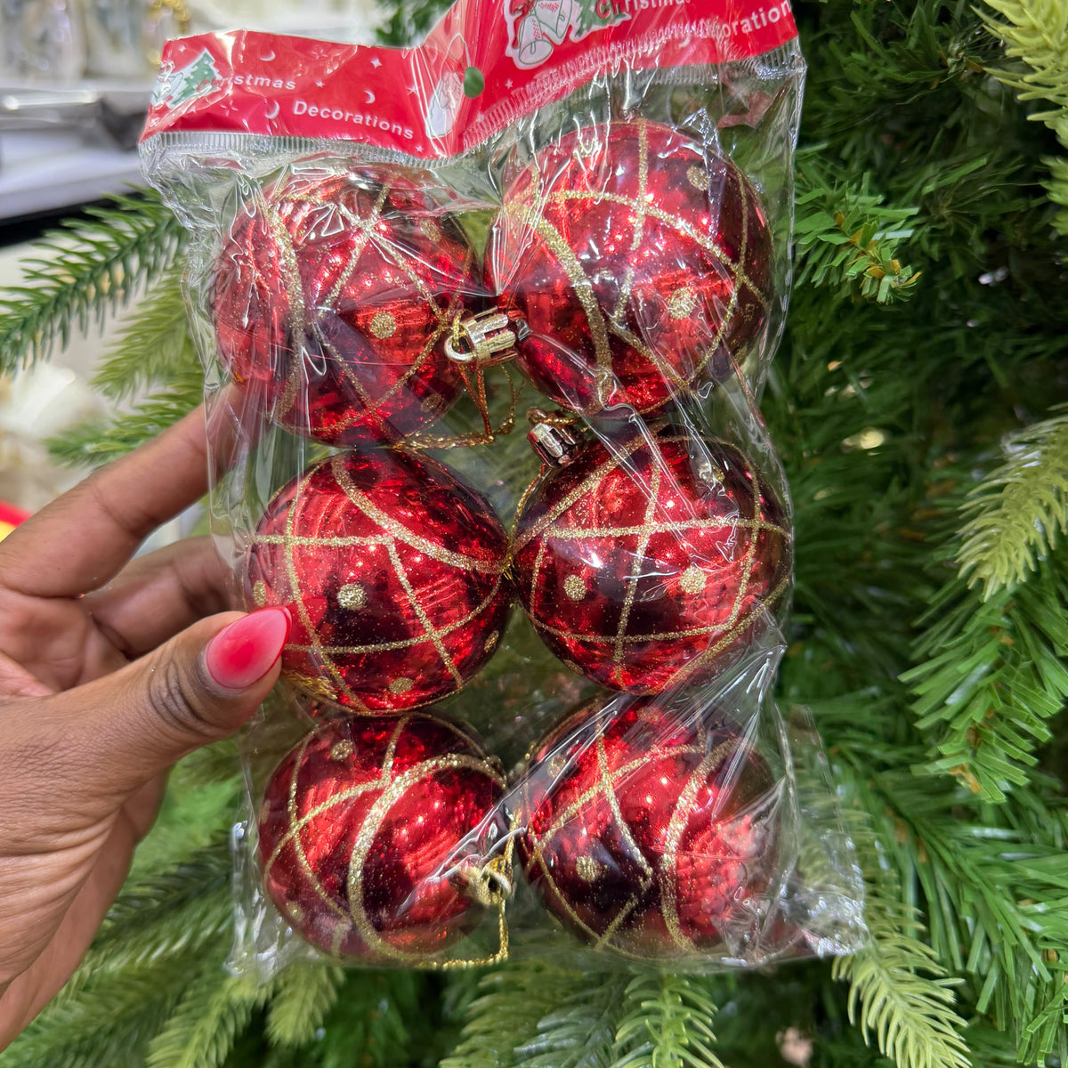 6 Piece Red Christmas Baubles With Gold Patterns |6cm|
