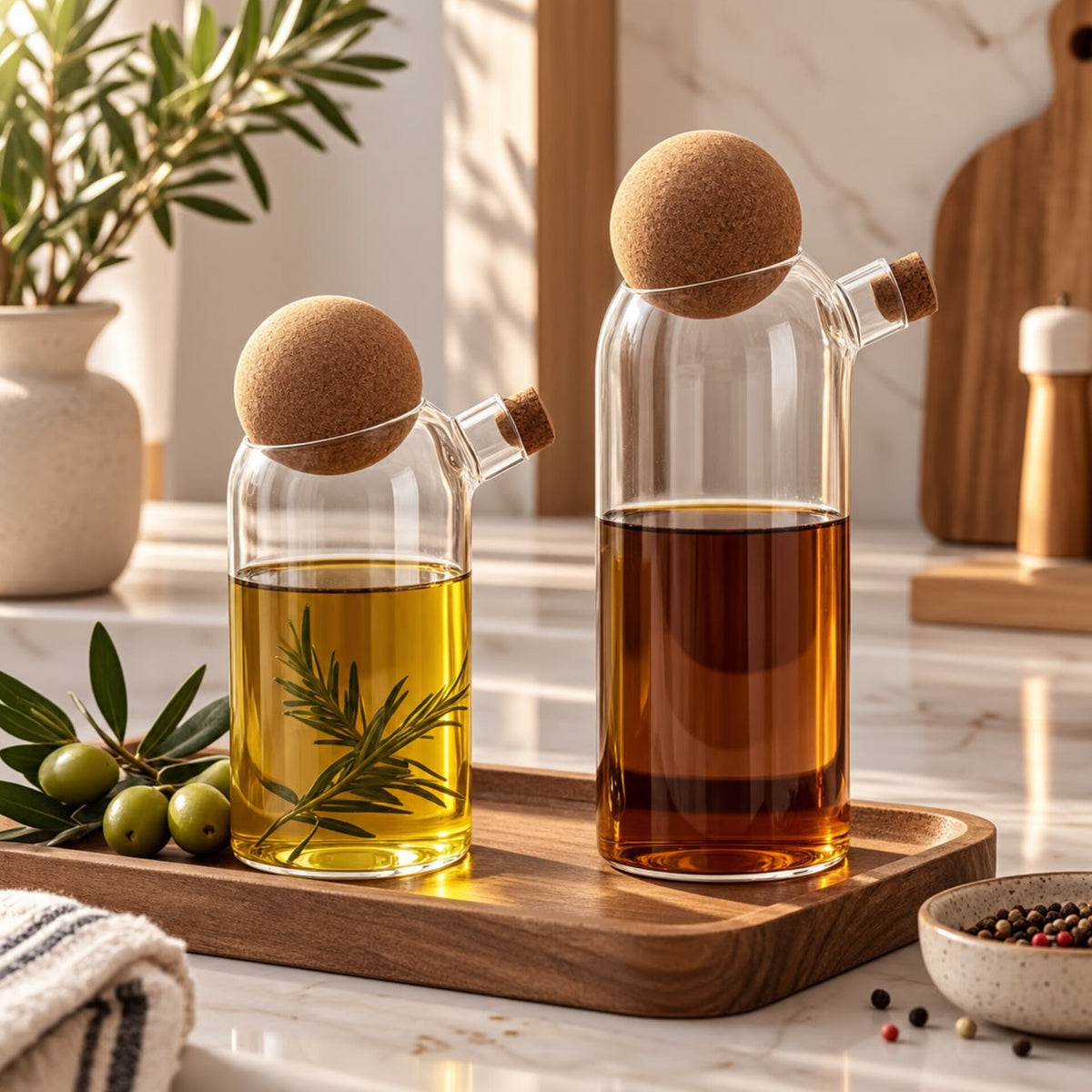 Glass Oil and Vinegar Dispensers with Cork Stoppers