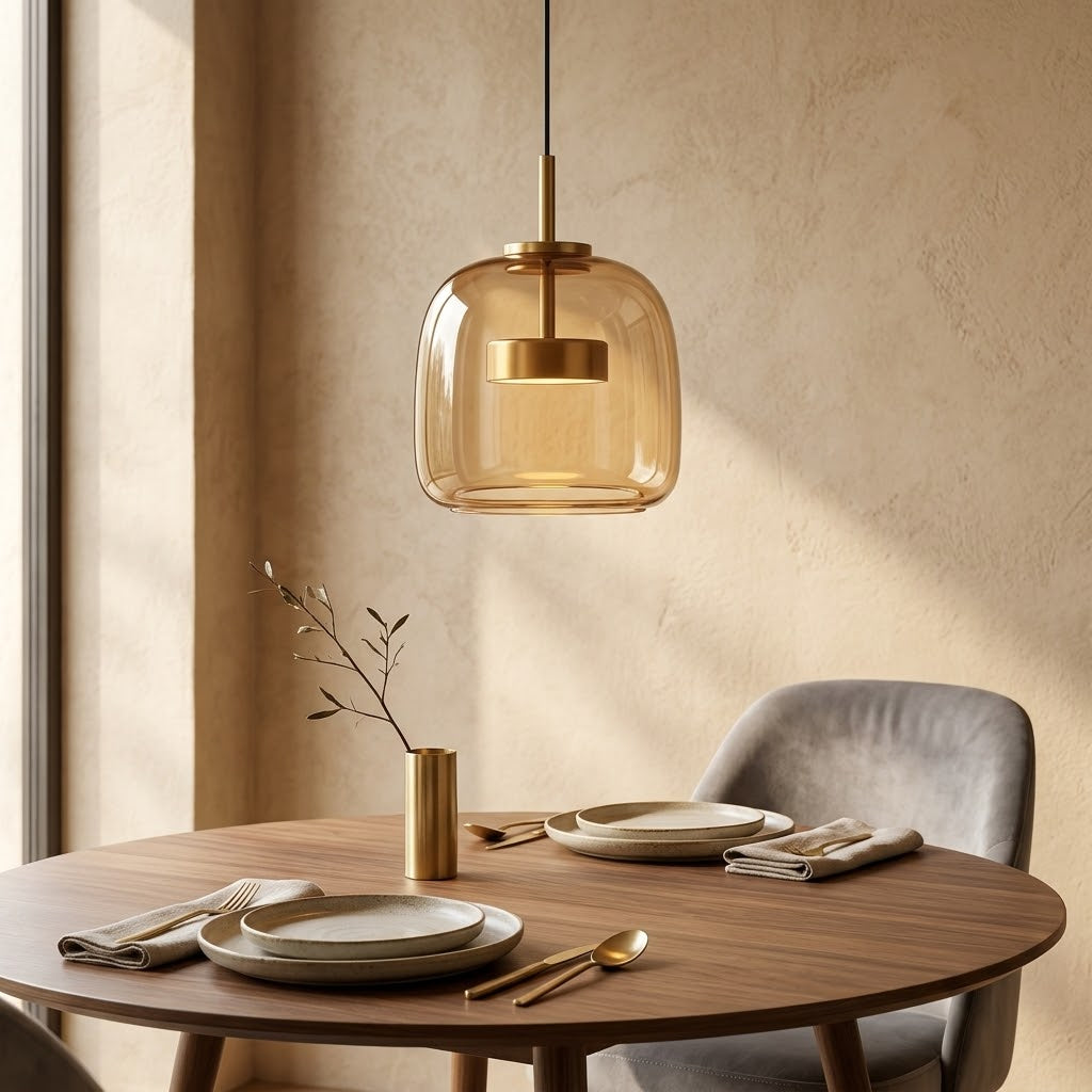 Amber Glass Pendant Light with Brass Fixture