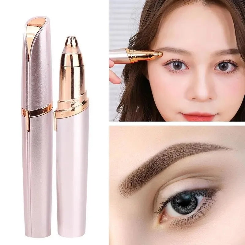 A gold and rose-colored rechargeable electric trimmer being used by a woman to precisely shape her eyebrows.