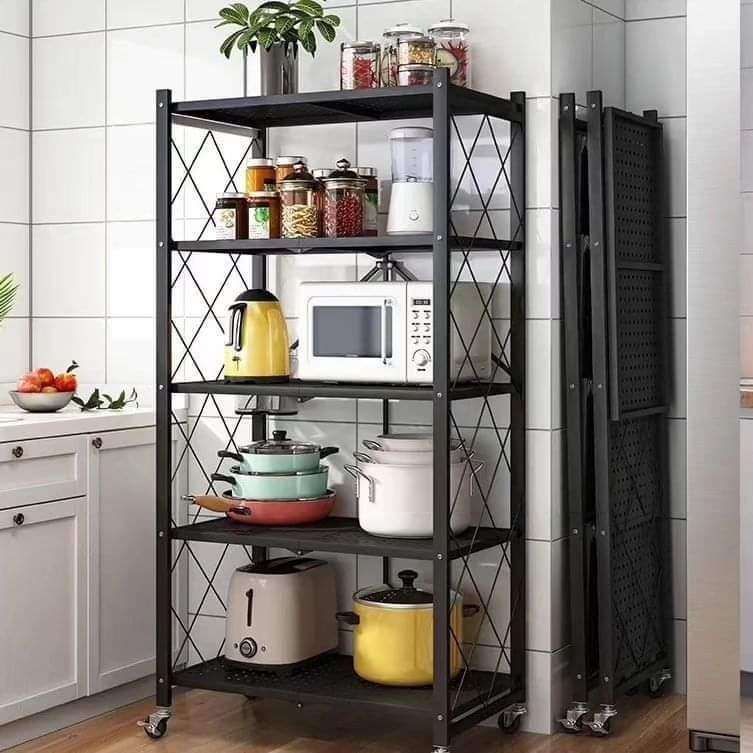 Heavy Duty 5-Tier Foldable Metallic Kitchen Shelving Rack with Wheels