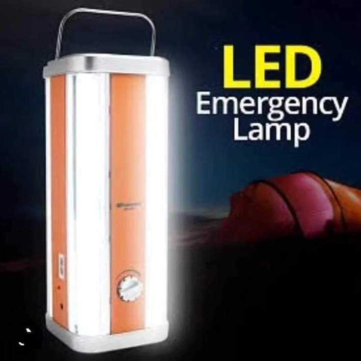 An orange and silver rectangular LED emergency lantern with a carrying handle
