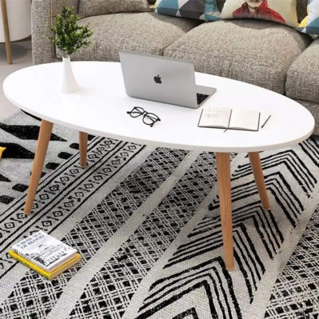Scandinavian Style Oval Coffee Table with Solid Wood Legs (White)