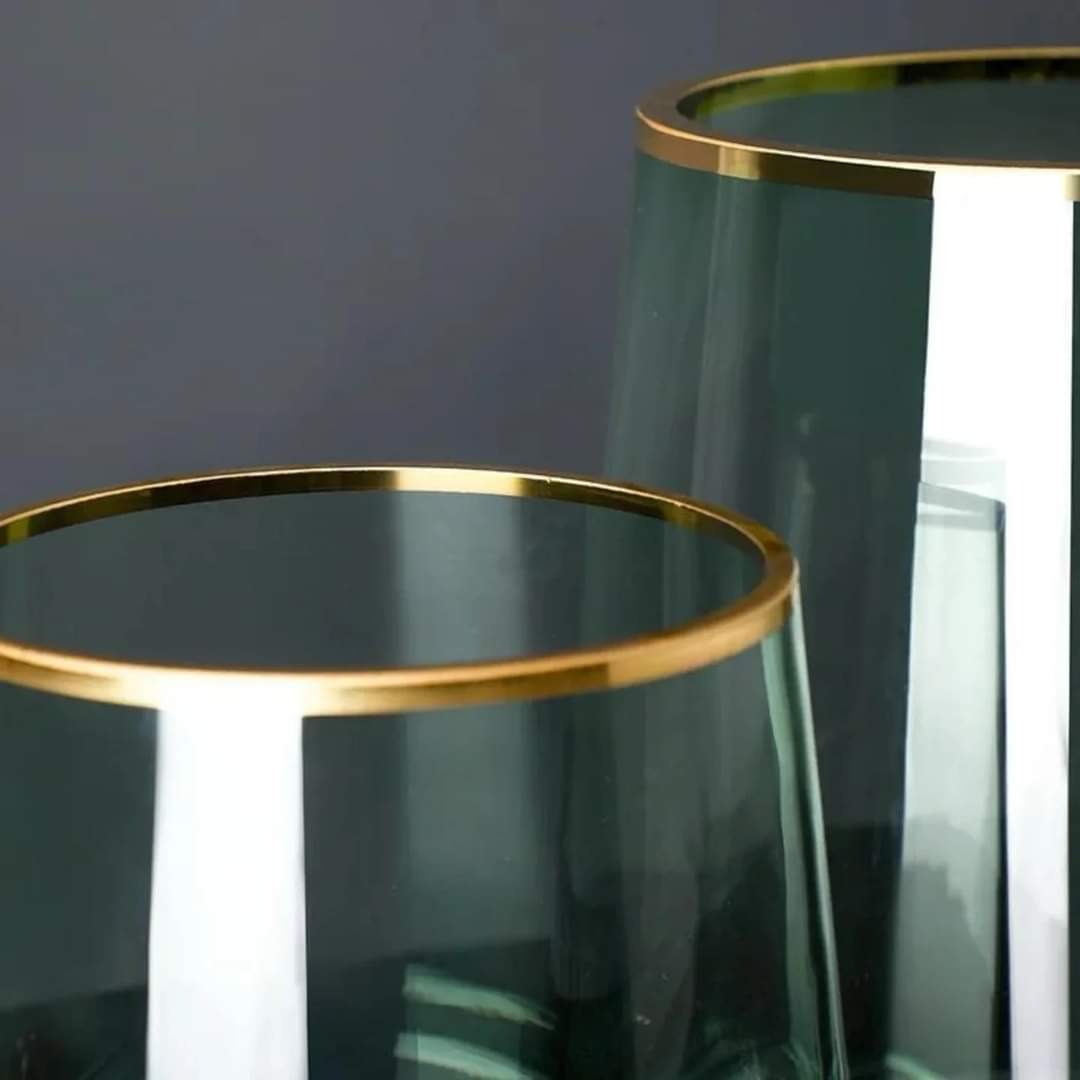 Wide Green Tones Glass Vase with a Touch of Gold