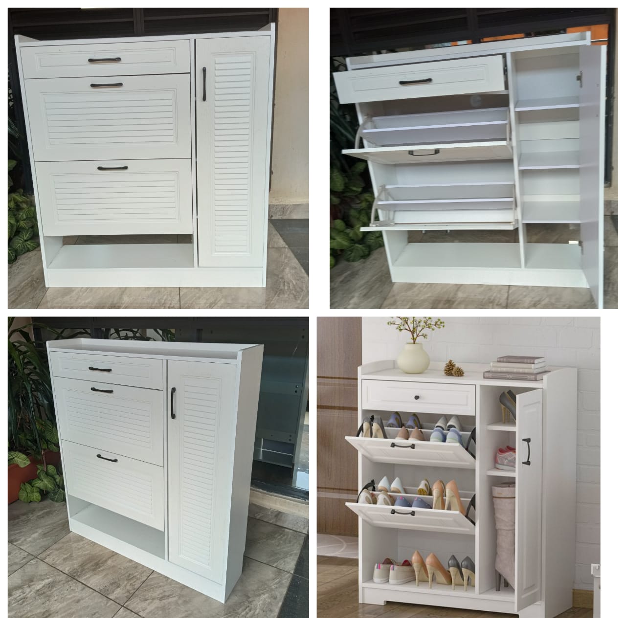 White Multi-Function Entryway Shoe Storage Cabinet with Slat Doors