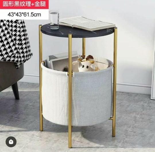 Modern Round Side Table with Black Marble Finish Top and Integrated Fabric Storage Basket