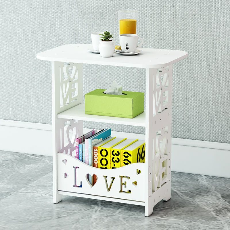 Minimalist White Modern Side Table with Magazine and Book Storage