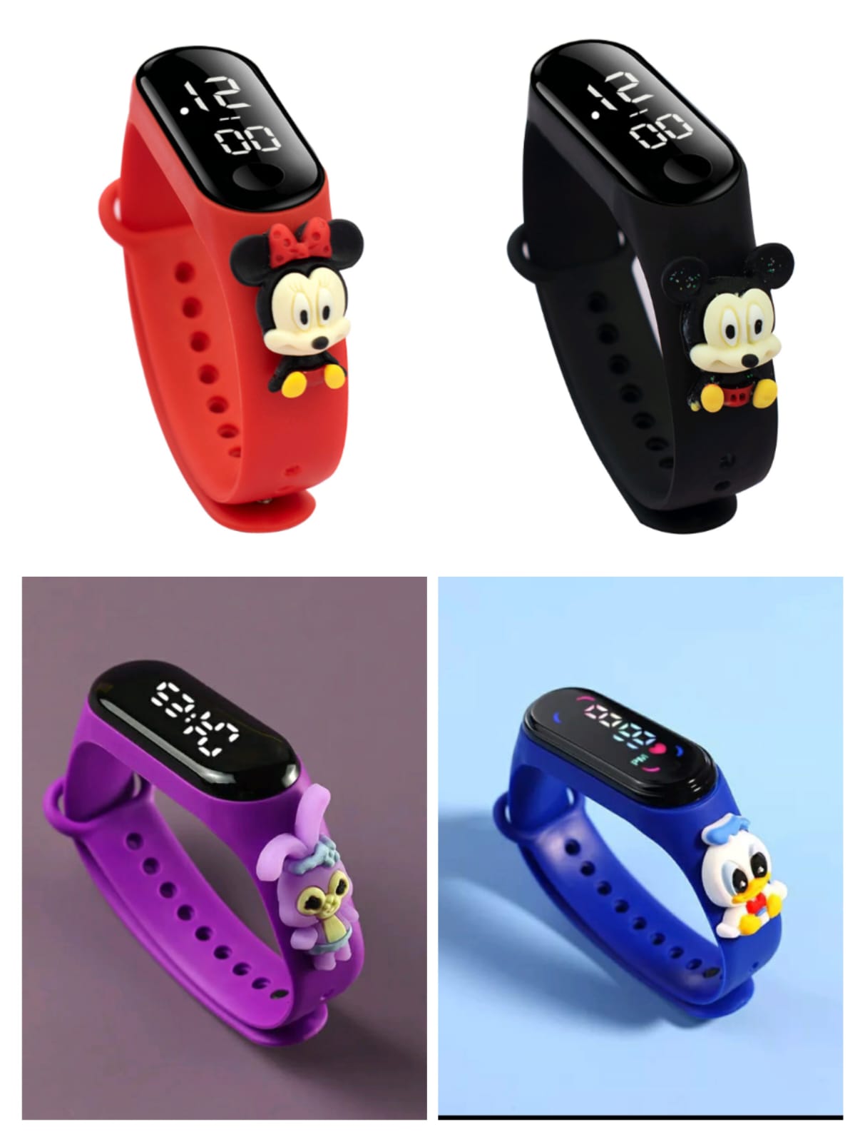 A collection of kids' watches with character designs including Mickey Mouse and others, in various colors.