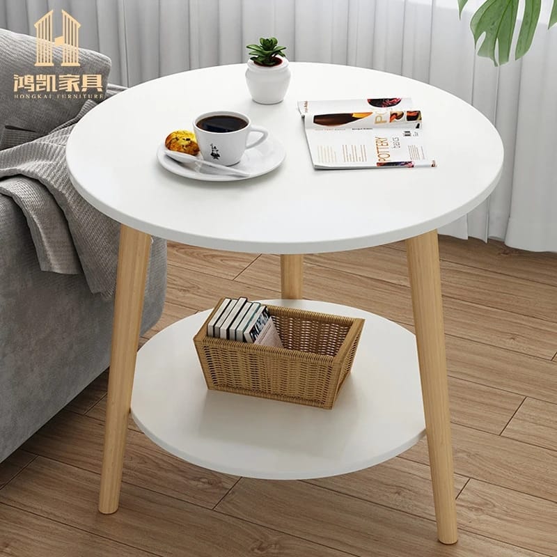 SCANDINAVIAN STYLE DOUBLE LAYER ROUND SIDE TABLE WITH WOOD LEGS