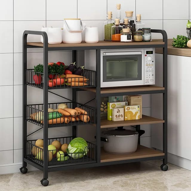 INDUSTRIAL STYLE MOBILE KITCHEN BAKER'S RACK WITH WIRE BASKETS AND SHELVES