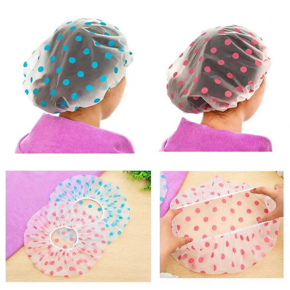Four pictures showing clear, polka-dot patterned shower caps in pink and blue colors on a person's head and folded flat.