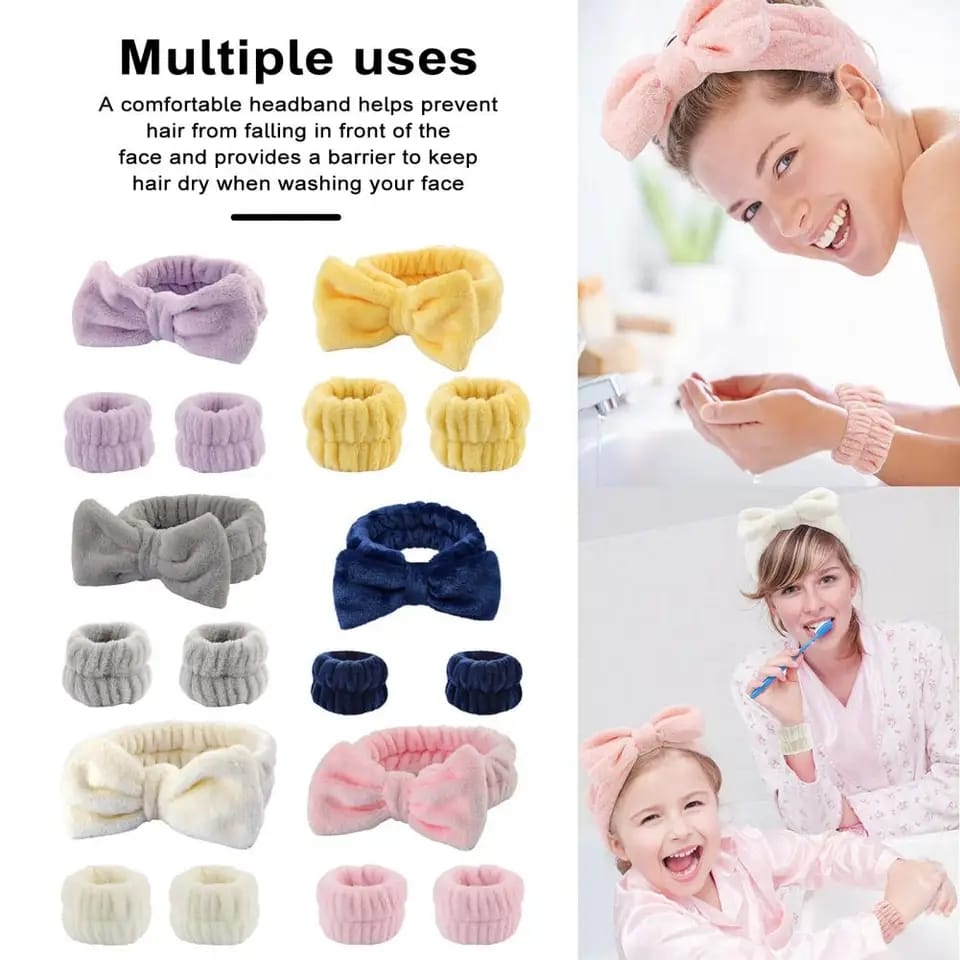 3-Piece Plush Bow Headband and Wristband Set for Skincare