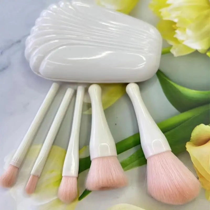 Portable 5-Piece Makeup Brush Set with Compact Shell Mirror