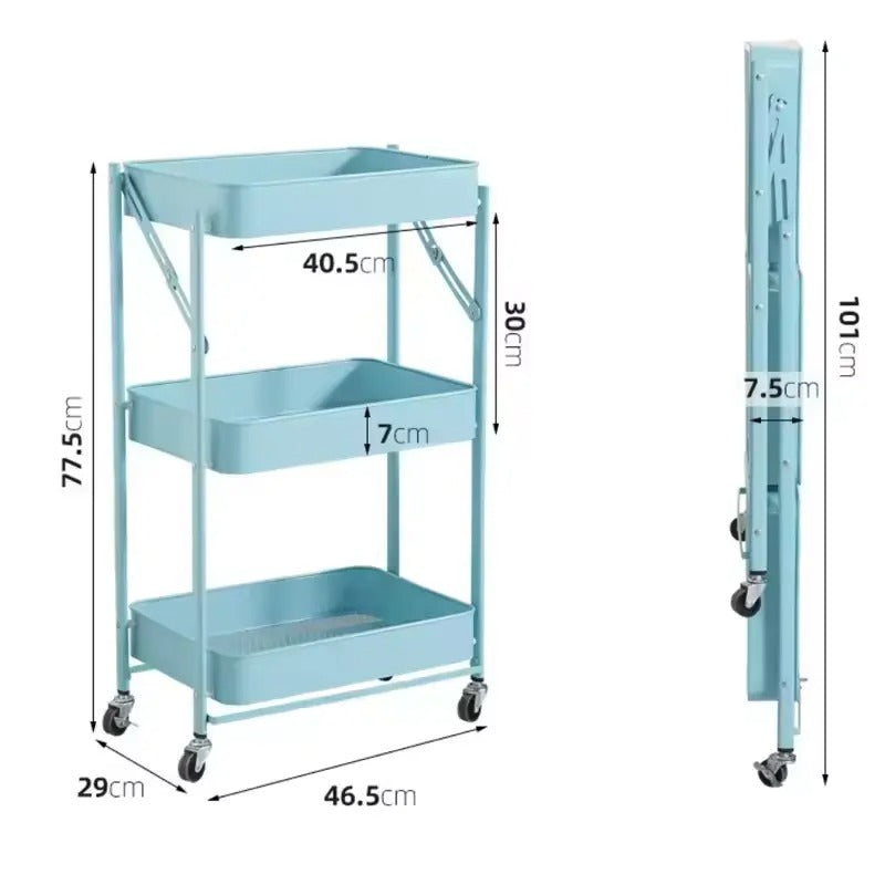 EASY-FOLD 3-TIER METAL UTILITY TROLLEY KITCHEN RACK ON WHEELS