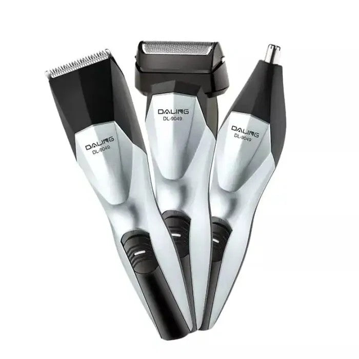 Three interchangeable grooming tool heads—a hair clipper, a foil shaver, and a nose trimmer—from the Daling brand, displayed vertically against a white background.