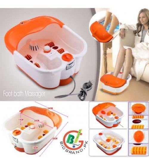 An orange and white electric foot bath massager spa, showing the inner rollers, heater, and bubble elements, with an inset image of a woman using the product.