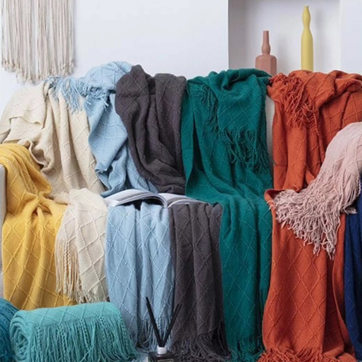 Knitted Throw Blanket with Tassels
