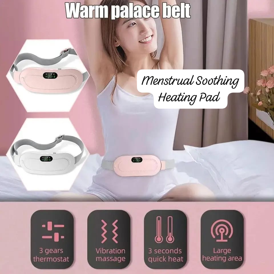 A woman wearing a pink menstrual soothing heating pad belt on her lower abdomen, with insets showing the pink and white color options.