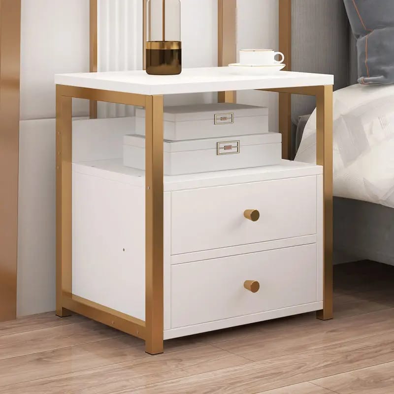 Chic 2-Drawer Bedside Nightstand with Gold Frame and Open Display Shelf