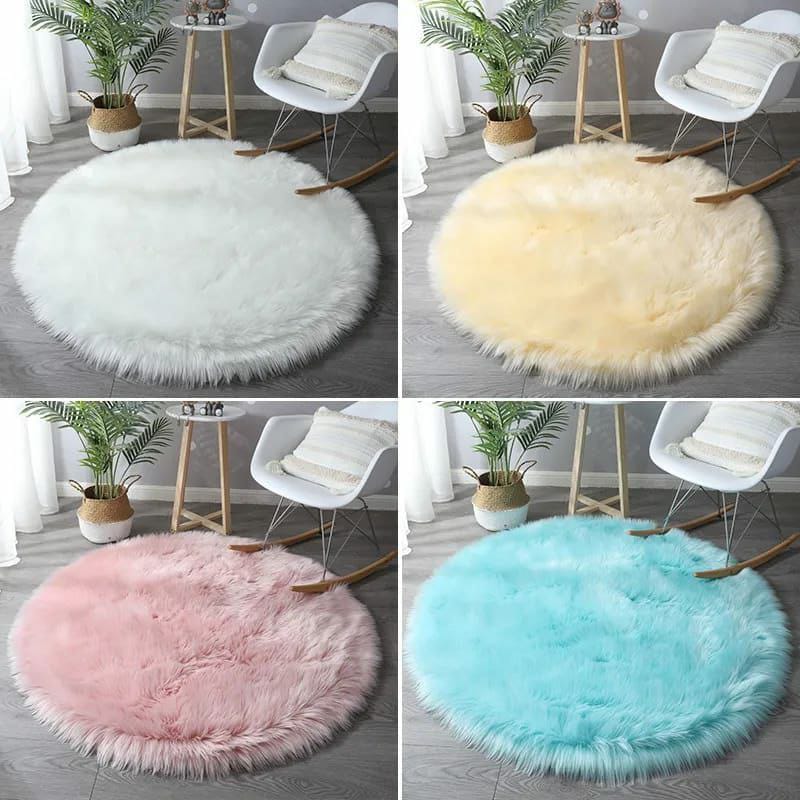 A soft round fluffy shaggy rug in a vibrant color