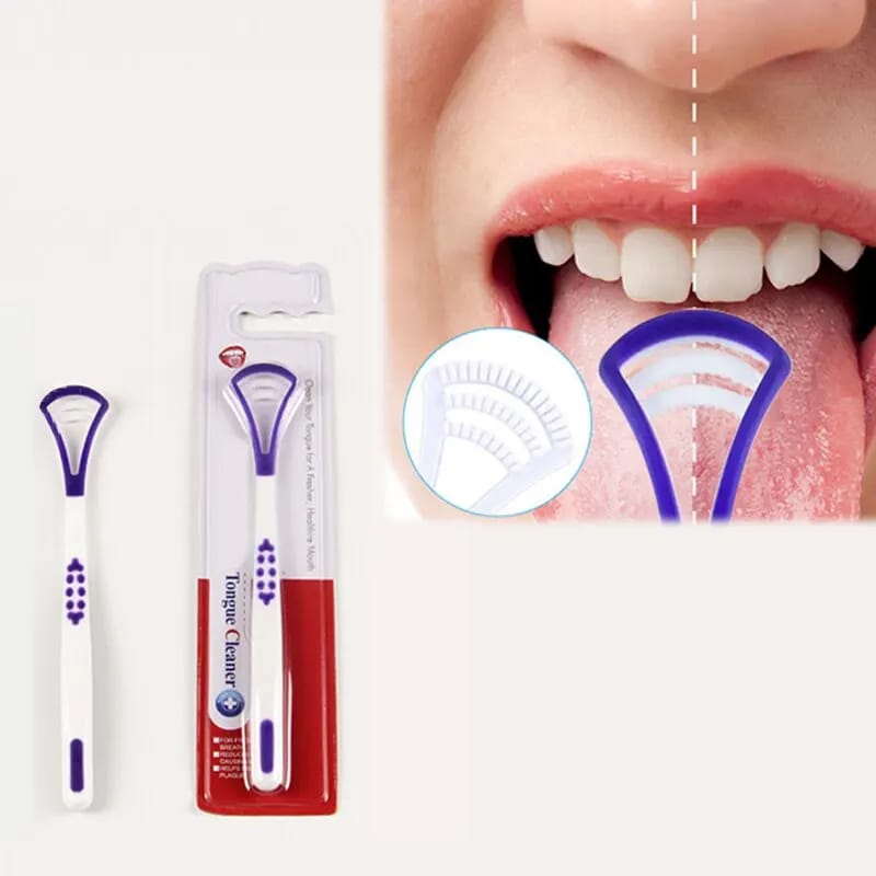 Two purple and white plastic tongue cleaners, one in packaging, with a close up image showing the scraper's head.