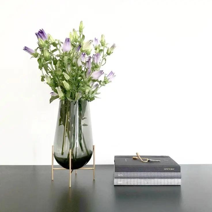 Contemporary Teardrop Glass Vase with Geometric Gold Metal Stand
