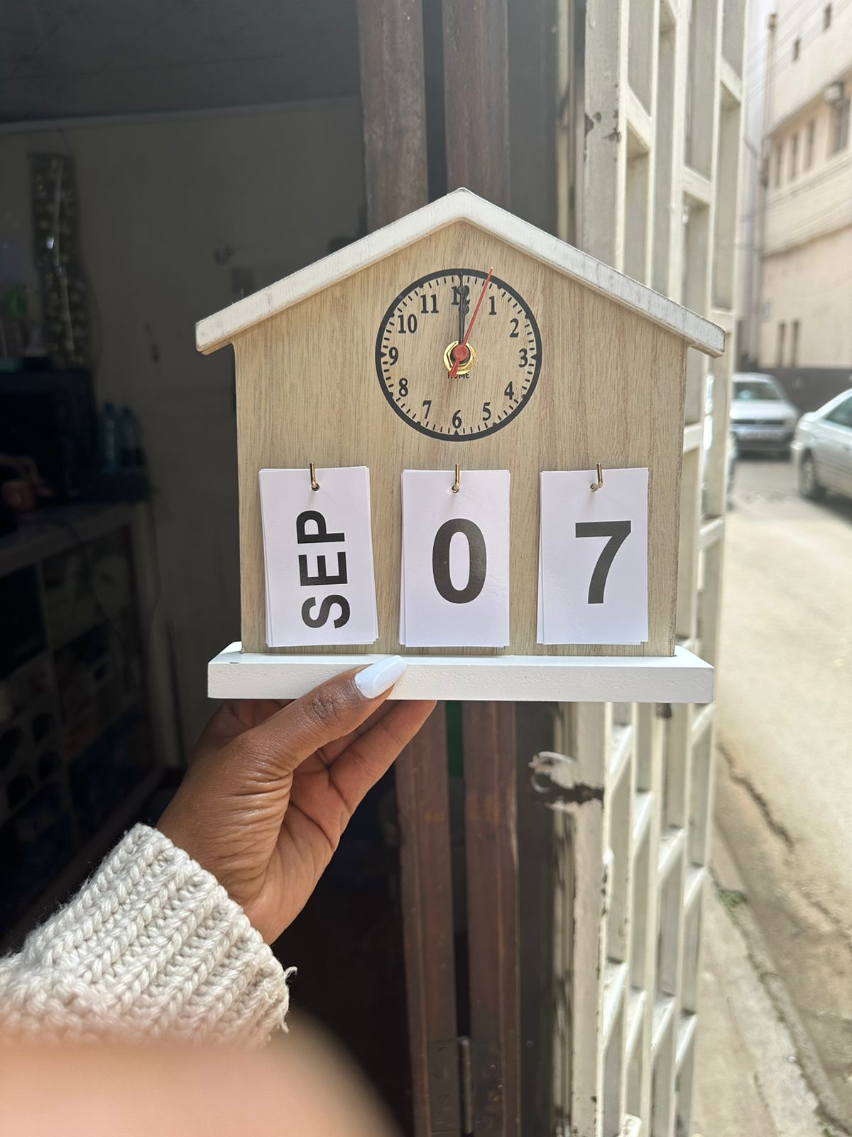 Rustic House-Shaped Wooden Perpetual Desk Calendar with Integrated Clock