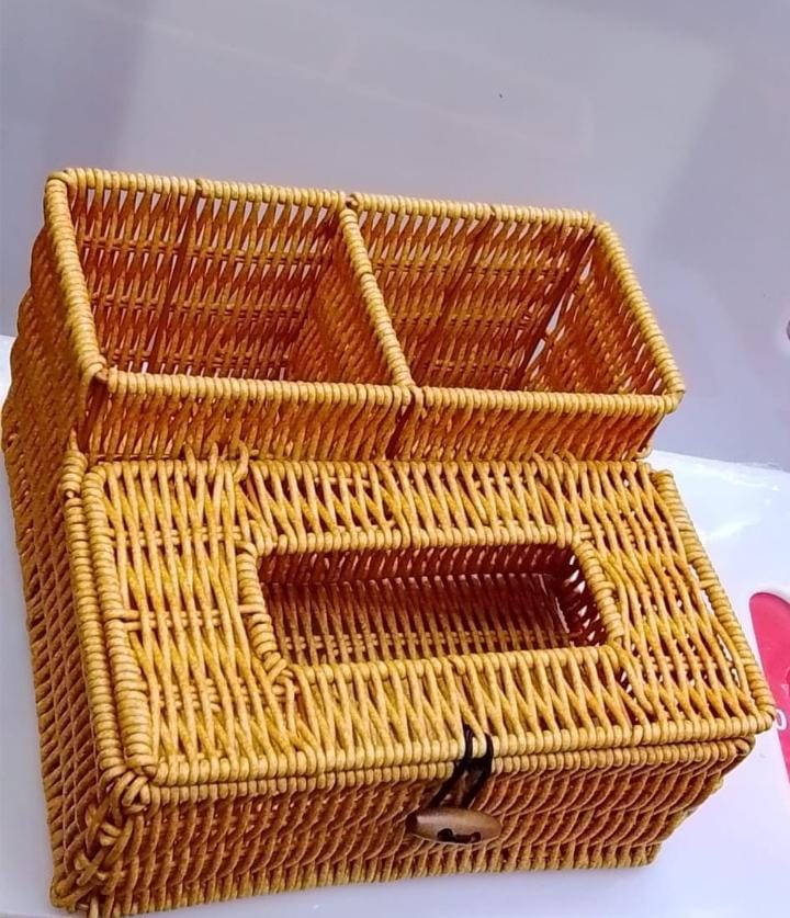 3 Slots Rattan Storage Organizer with Serviette Holder