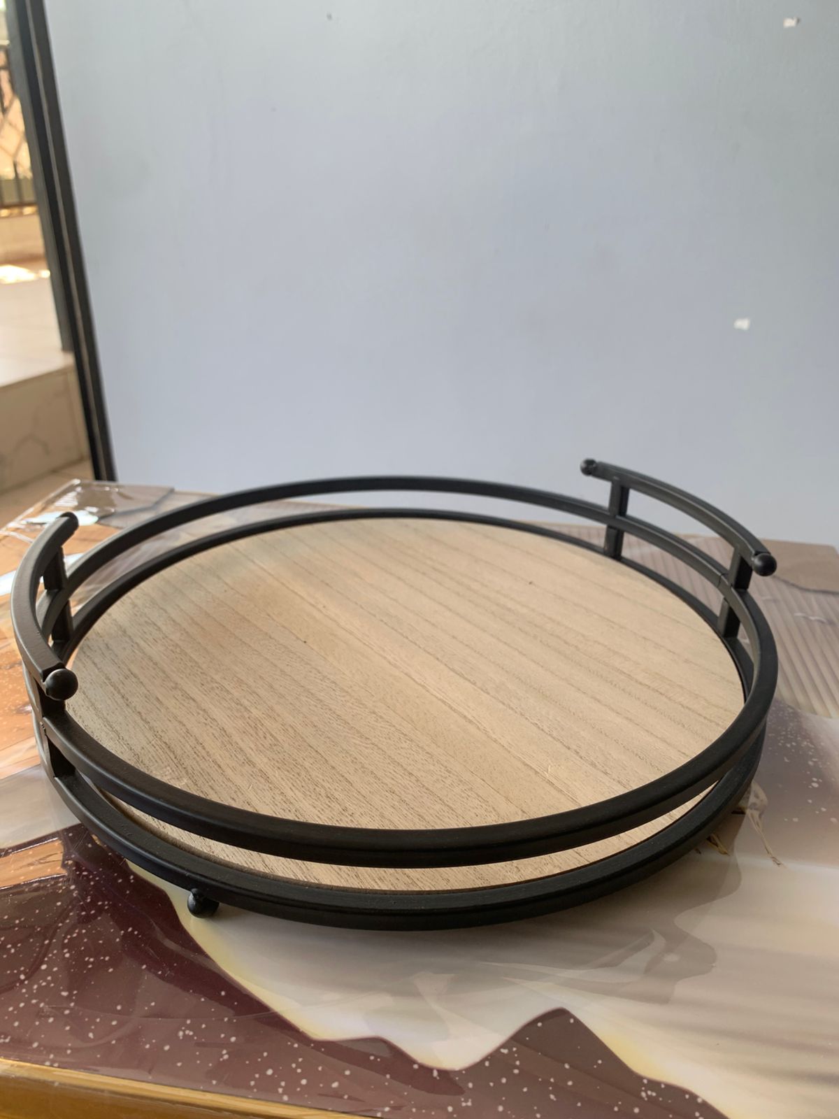Round Wooden and Metallic Décor Tray
