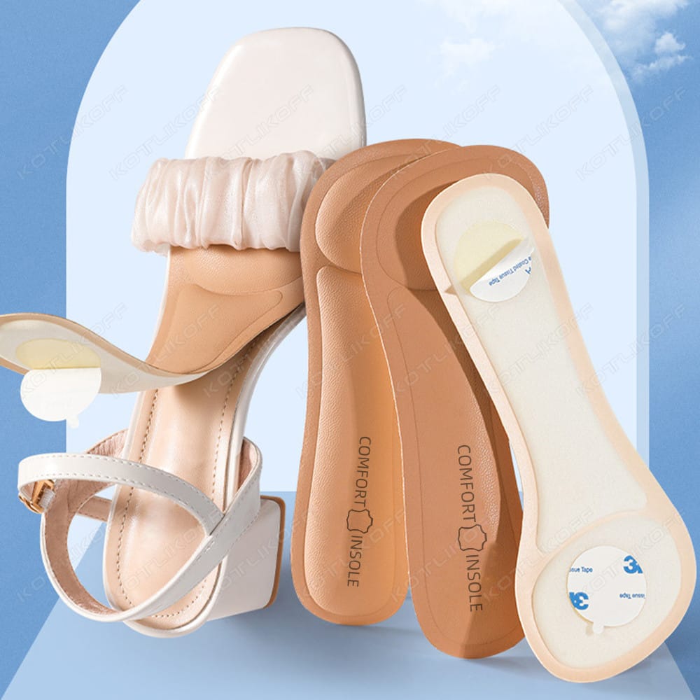 Three self-adhesive, comfort-shaped insoles in beige and brown colors shown next to a white high-heel sandal.