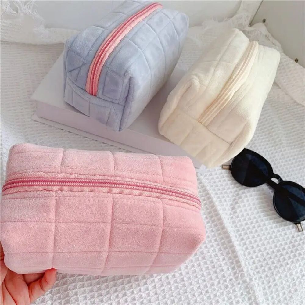 Soft Plush Quilted Solid Color Cosmetic and Travel Bag