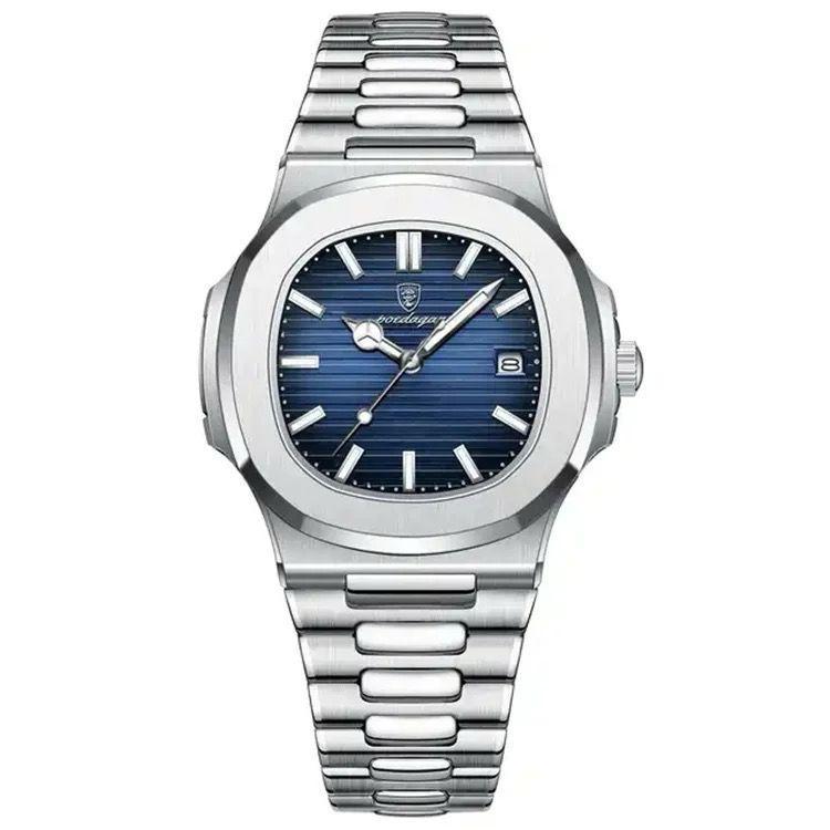 A silver stainless steel men's watch with a smooth metal bracelet and a blue patterned dial with a white date window.