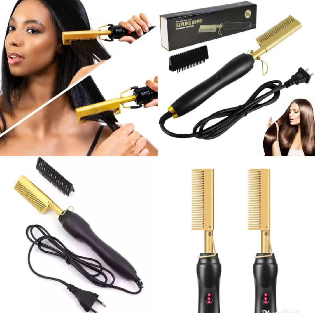 An electric hot comb hair tool with a black handle and golden comb, shown in a box and in use on black hair for straightening.