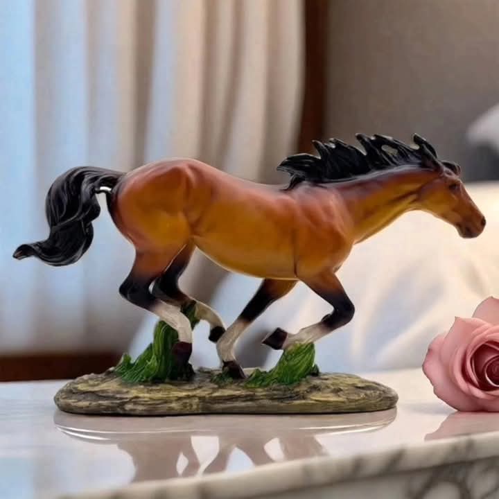 A resin sculpture of a brown racing horse in a galloping pose on a textured base.