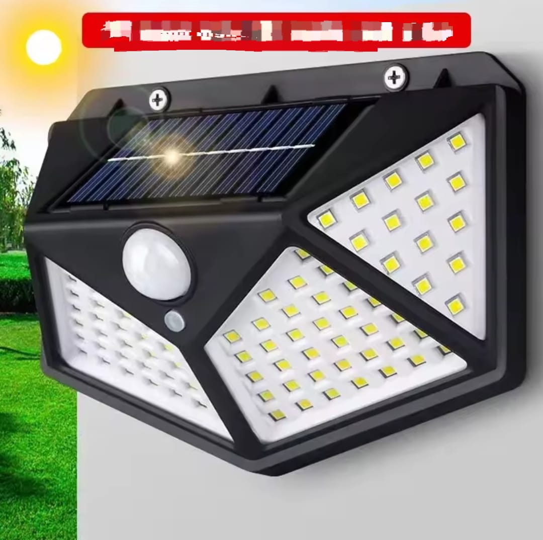 A black solar powered wall lamp with a motion sensor and multi directional light panels.