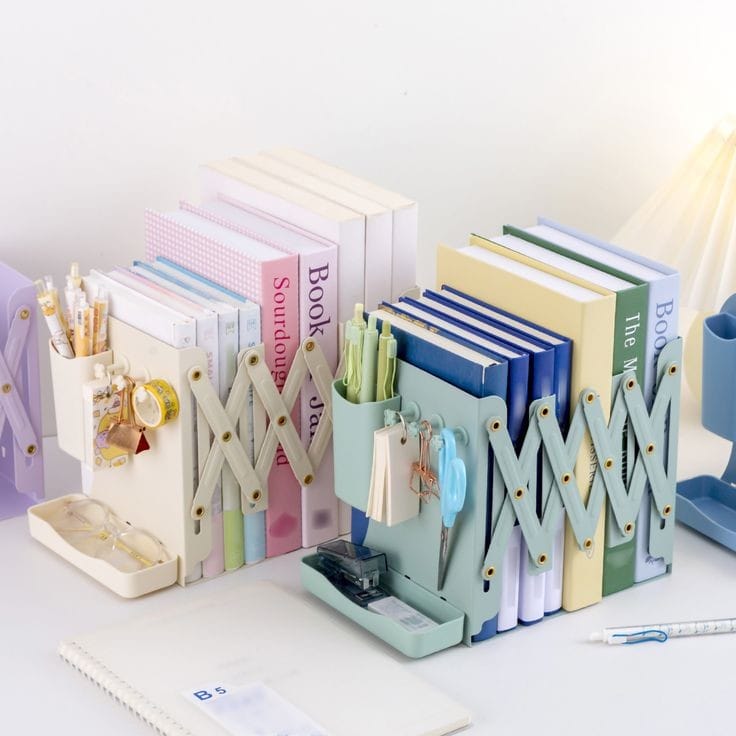Expandable Desktop Bookshelf Organizer with Integrated Pen and Stationery Holders