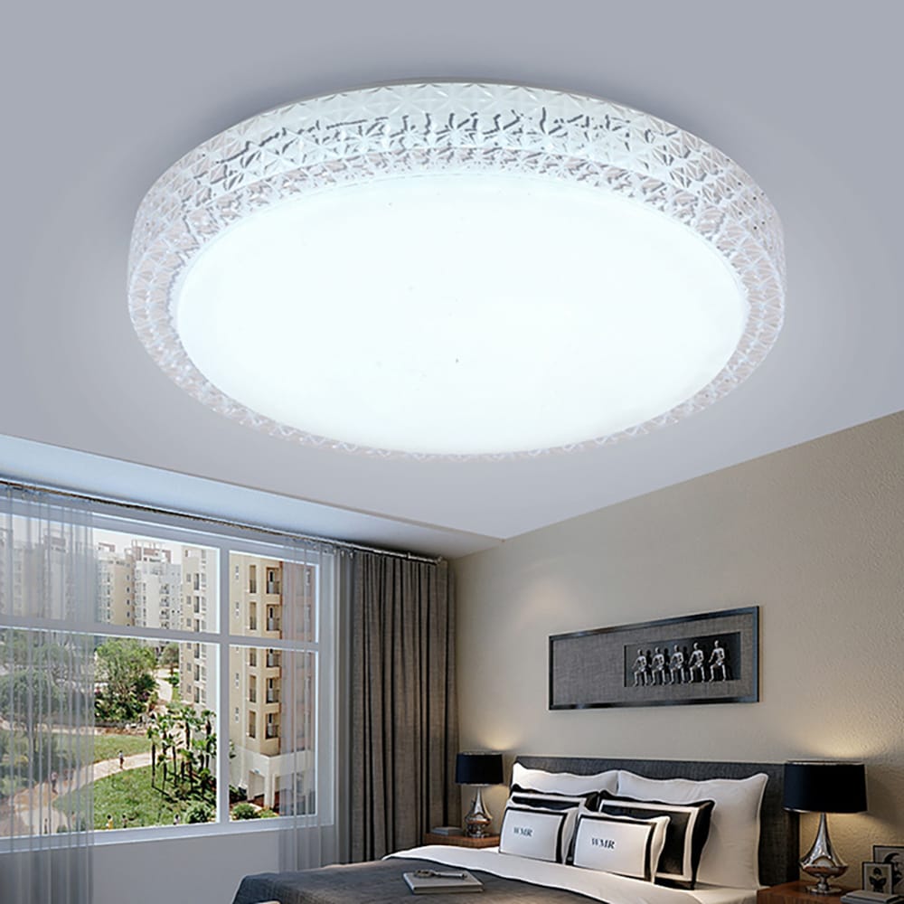A large round flush mount ceiling light with a textured glass border.