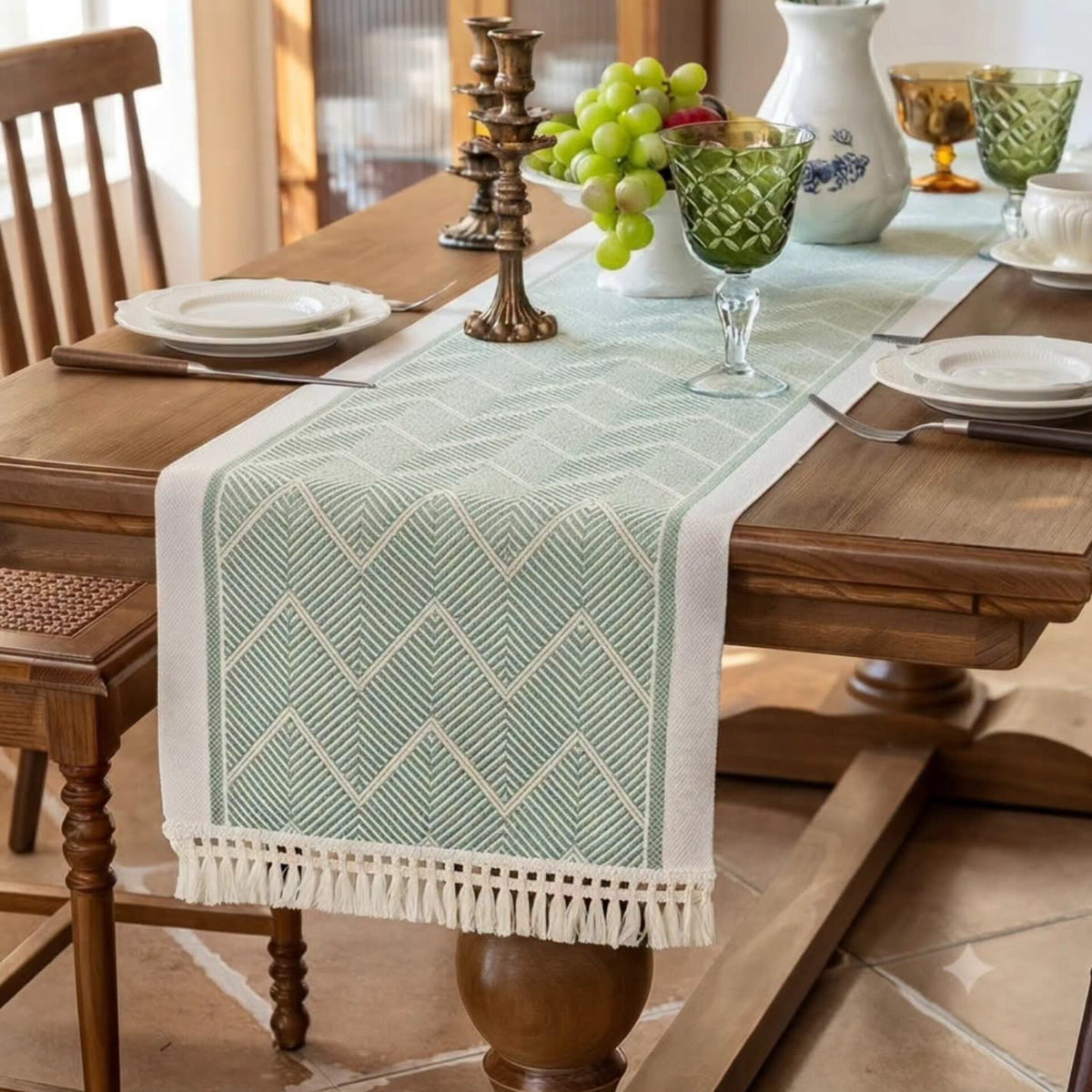 Sage Green Geometric Table Runner