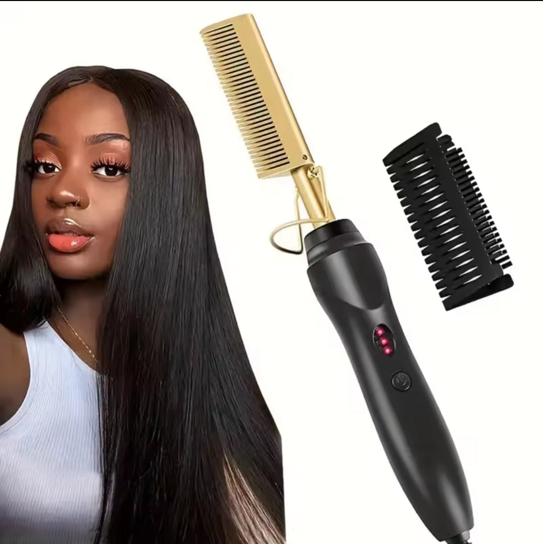 An electric hot comb with a gold plate and black handle next to a woman with long, straight black hair.