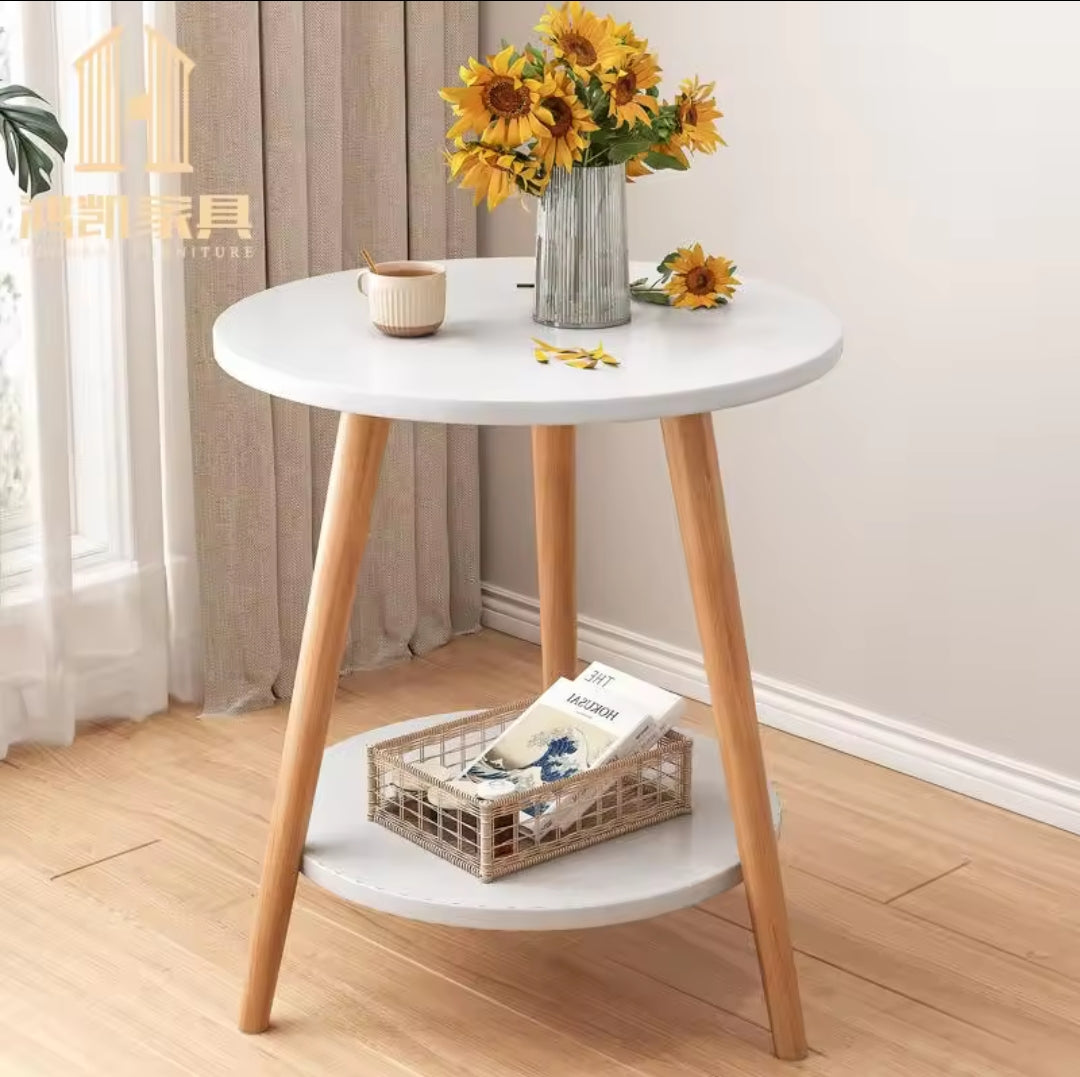 Title
Scandinavian Style Double-Layered Round Side Table with Solid Wood Legs