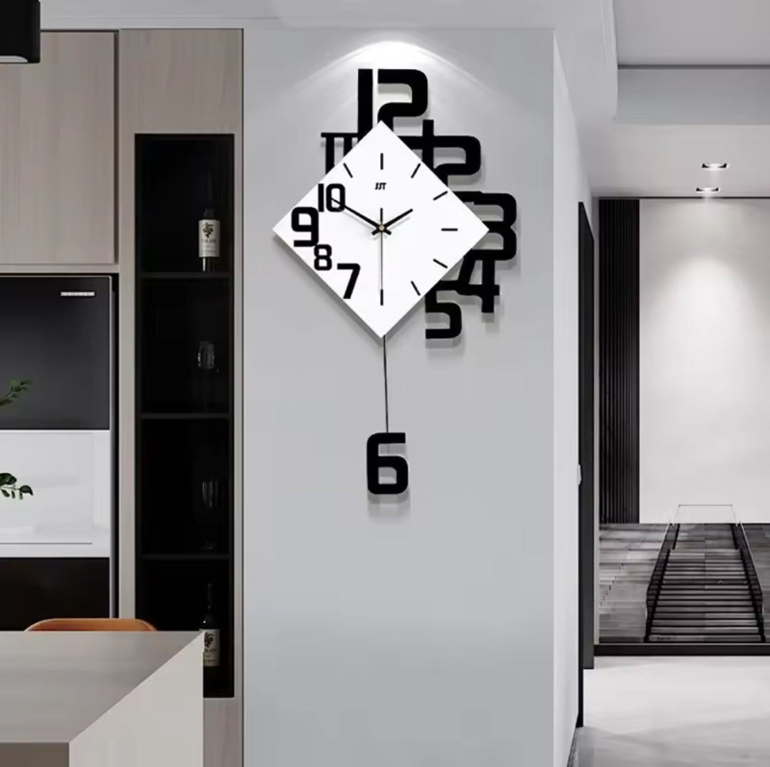 White diamond wall clock with large black numbers and a swinging number six pendulum.