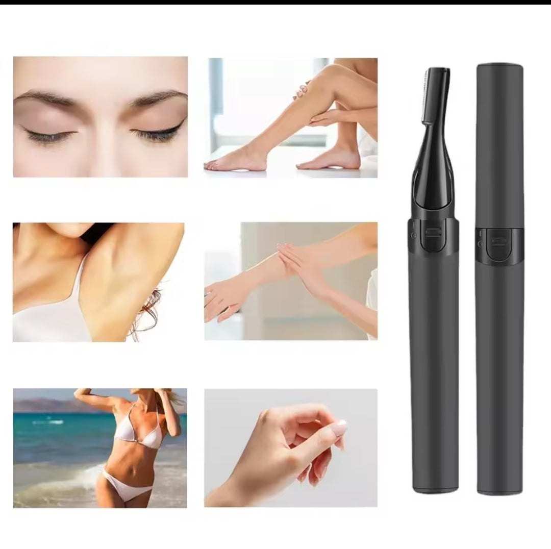 A black electric eyebrow trimmer and multi-function body shaver, displayed next to various images showing its use on eyebrows, legs, underarms, and hands.