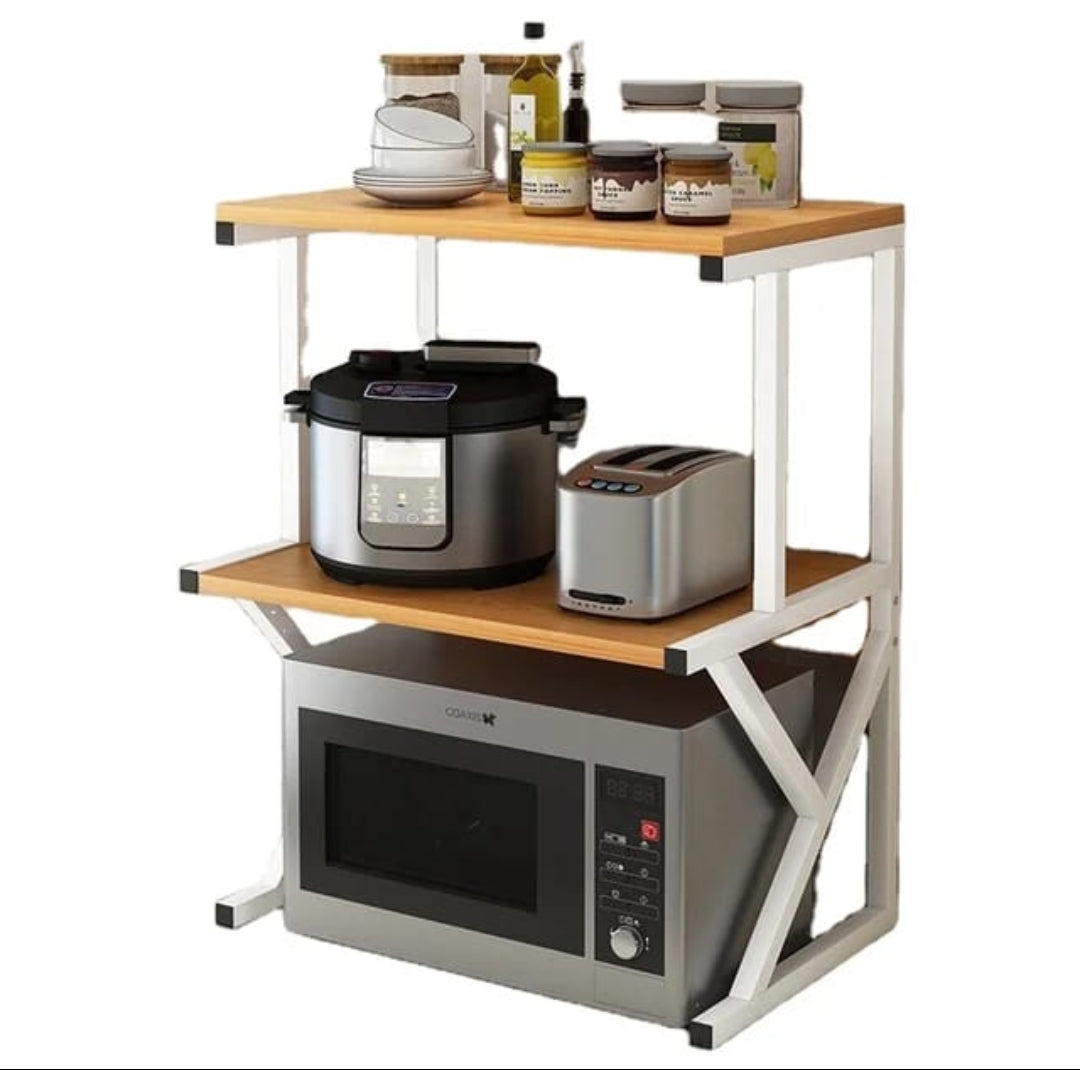 Three tier microwave rack with white frame and light brown wooden shelves