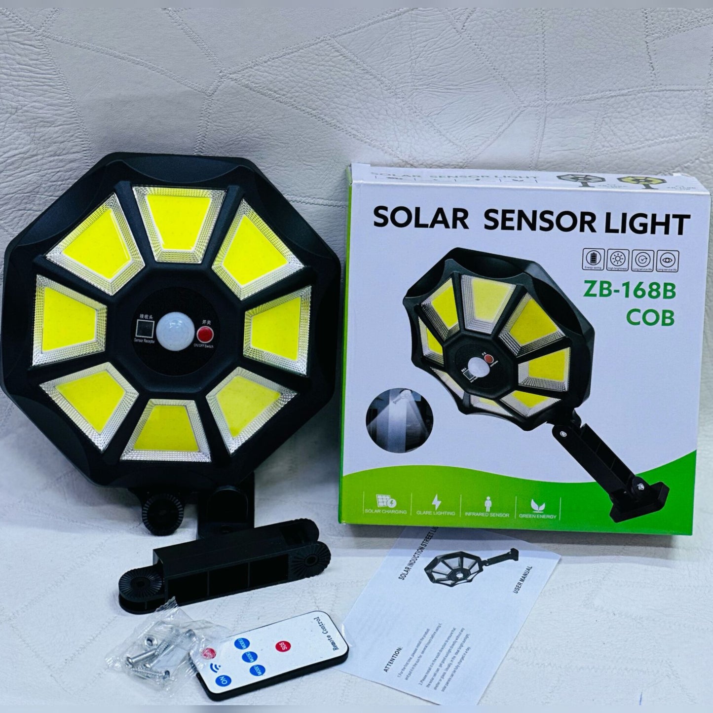 ZB-168 solar sensor light with multiple bright panels and a remote control.