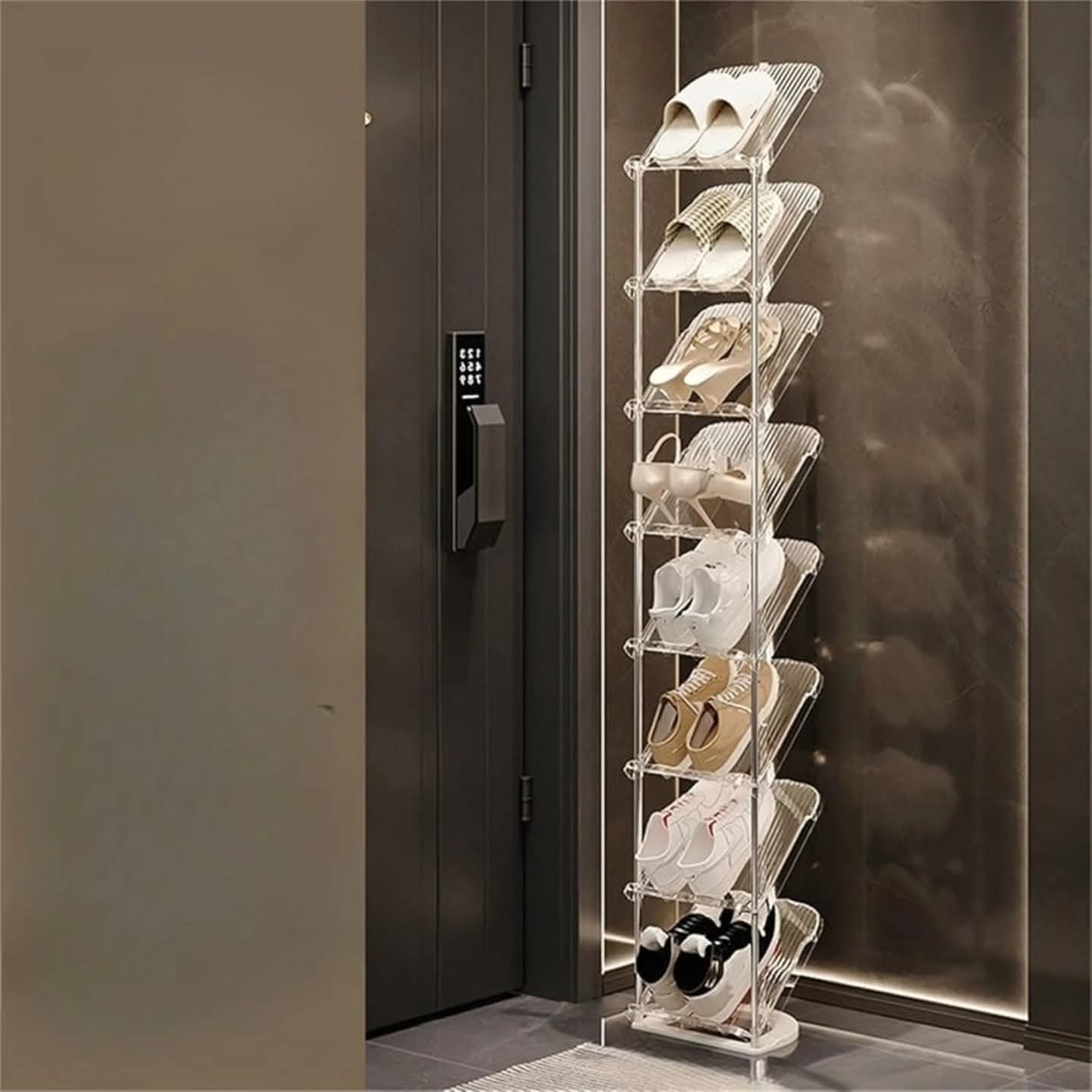 Eight Tier Acrylic and Stainless Steel Vertical Shoe Rack
