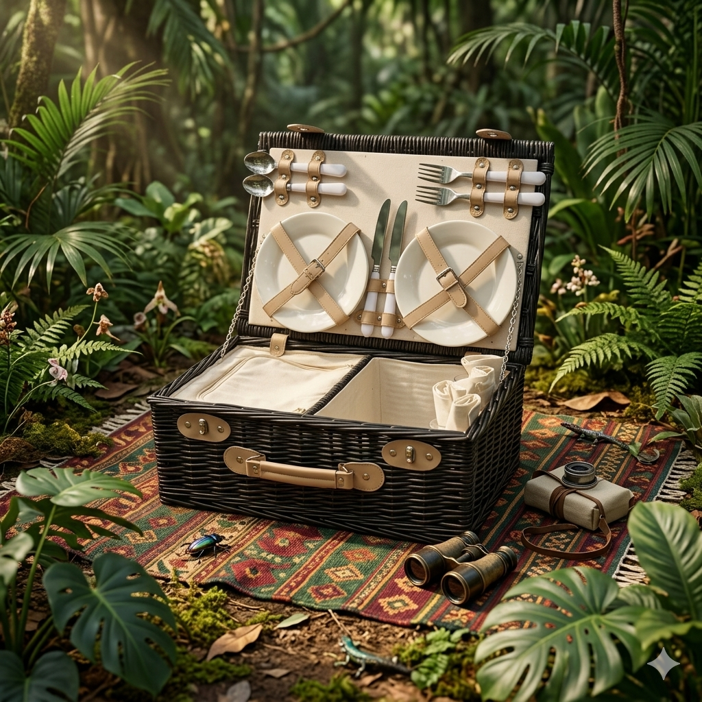 Four Person Woven Willow Picnic Hamper with Integrated Cooler Compartment