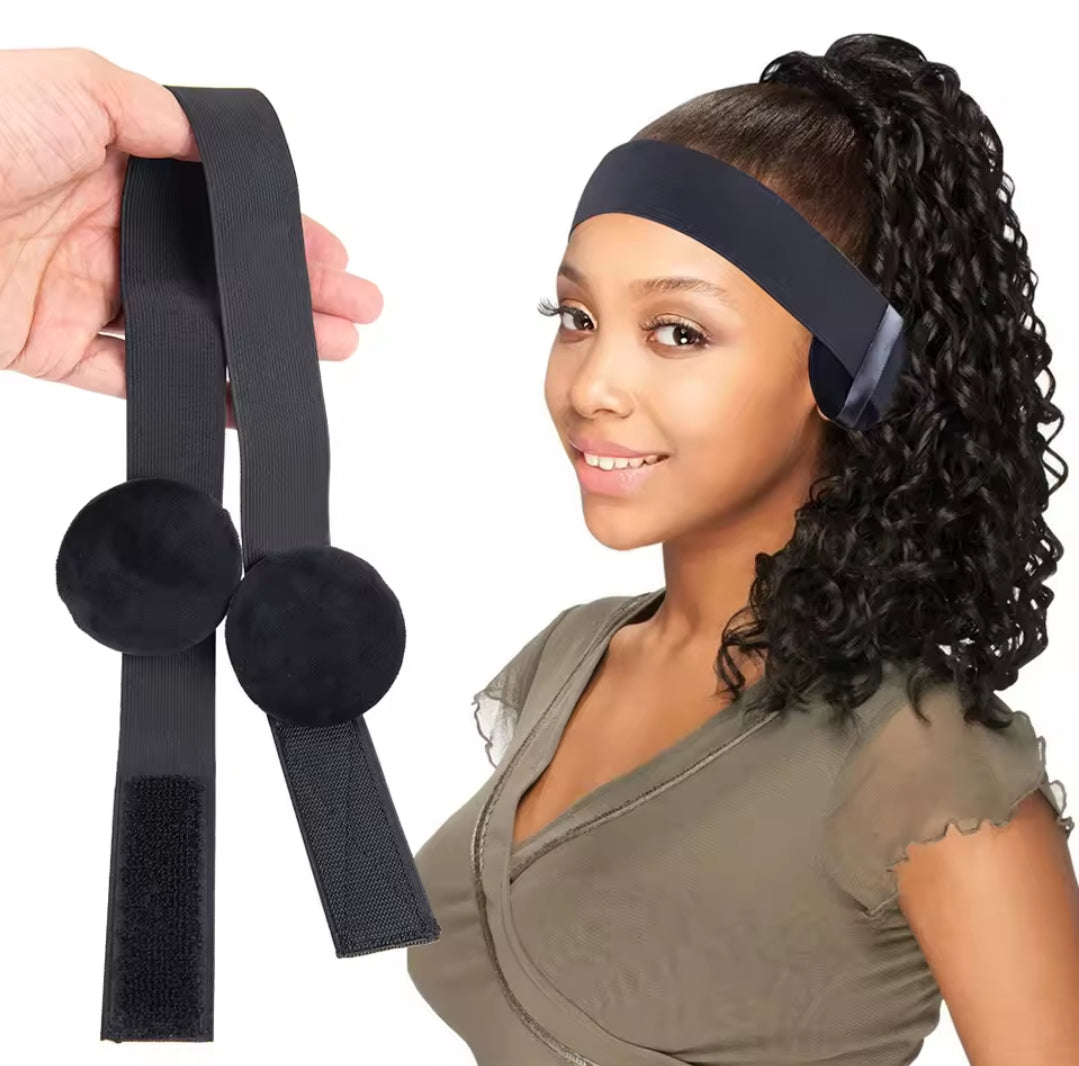 Black adjustable elastic wig band with circular velvet pieces, shown next to a woman wearing a wig with the band securing her hairline.